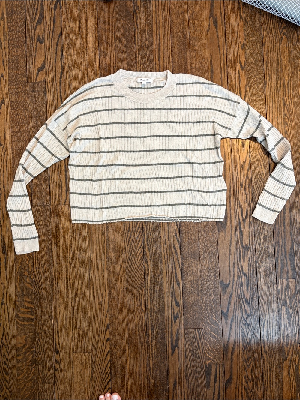Madewell Small Cozy Striped Lightweight Knit Sweater - Cream with Green Stripes